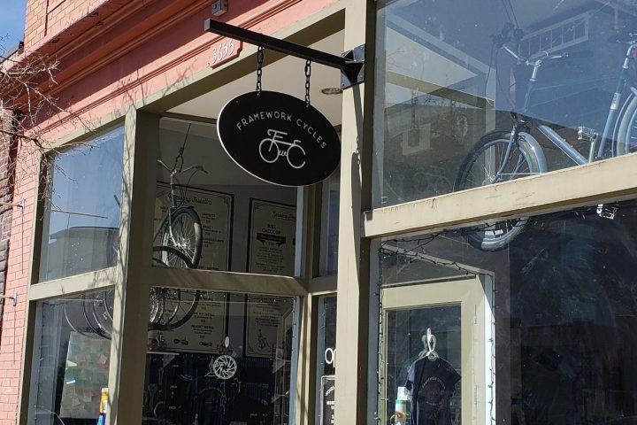 a chair sitting in front of a building