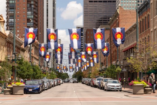 a close up of a busy city street