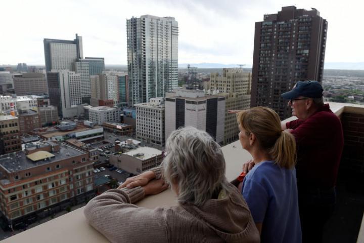 a group of people in a city