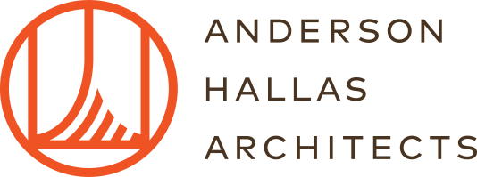 Logo with orange circle and abstract lines, text reads: Anderson Hallas Architects.