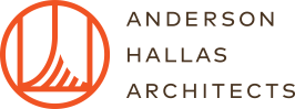 Logo with orange circle and abstract lines, text reads: Anderson Hallas Architects.