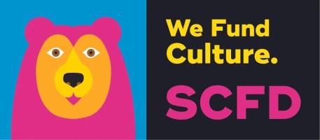 Colorful bear face next to text 'We Fund Culture. SCFD' on a blue and black background.
