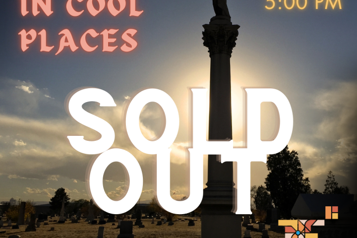 Sunset behind cemetery statue; text: 'Cocktails in Cool Places, Sold Out, Sept. 18, 5:00 PM, Historic Denver.'