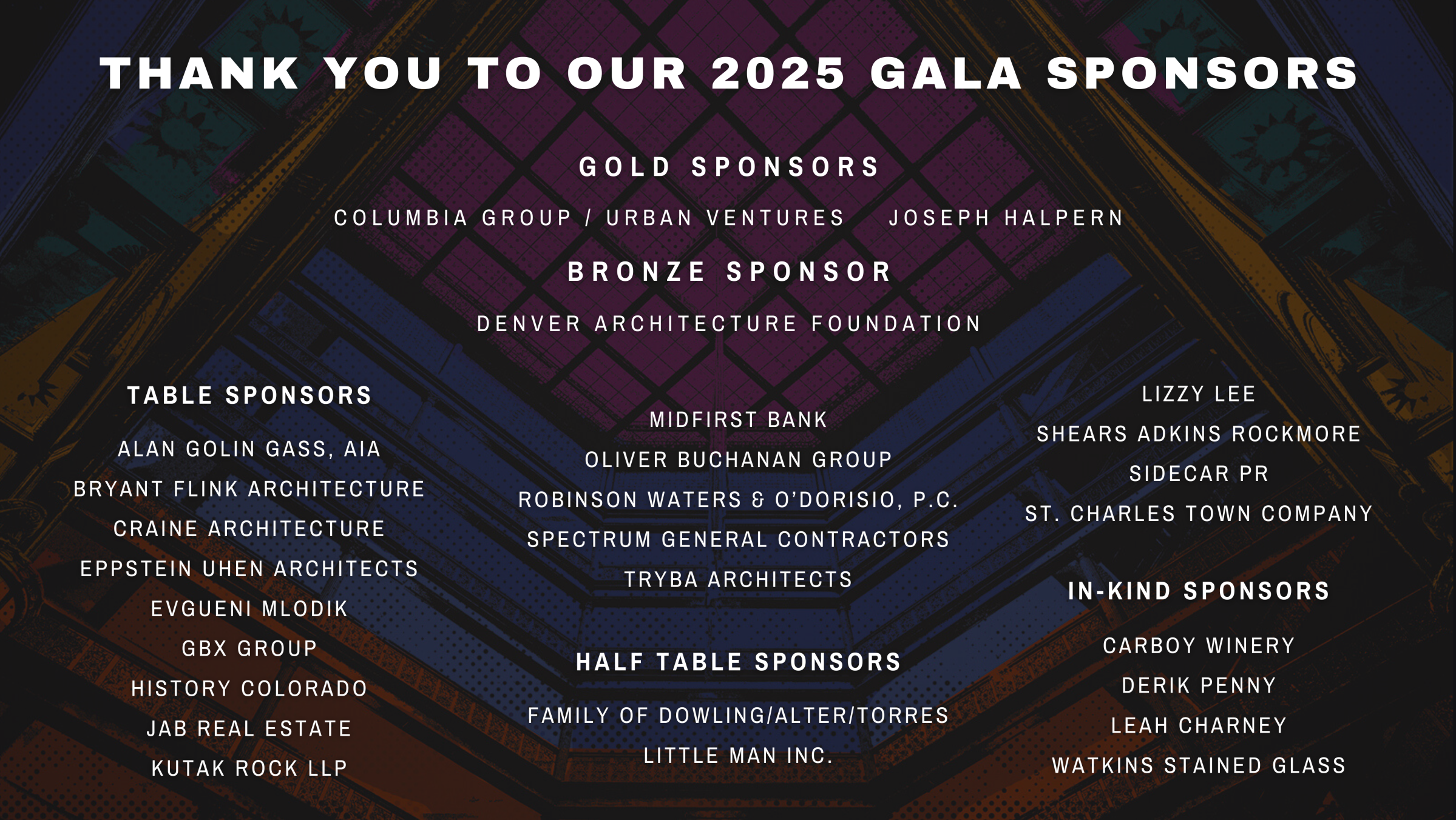 2025_Sponsors_Theme List of 2025 Gala sponsors on a geometric patterned background.