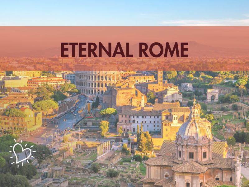 View of Rome with Colosseum, text 'Eternal Rome' overlay.
