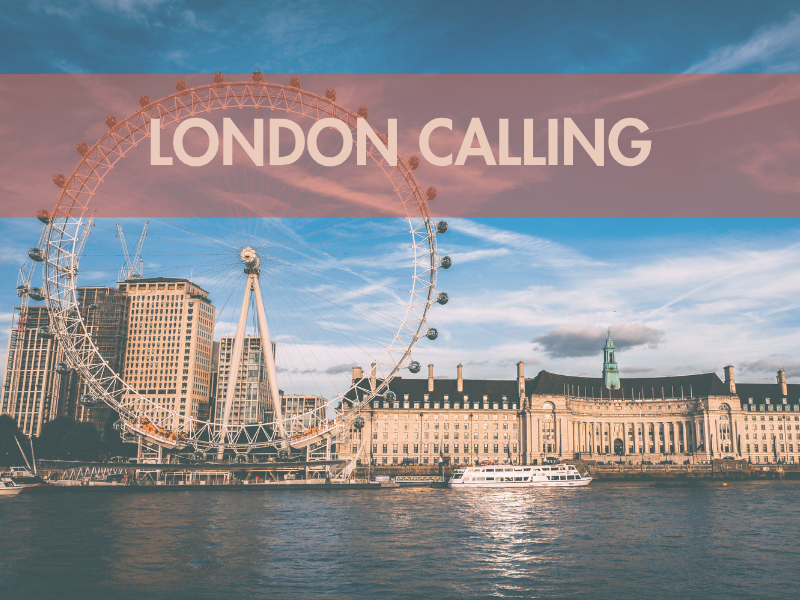London Eye and Thames with 'London Calling' text overlay on sunset sky.
