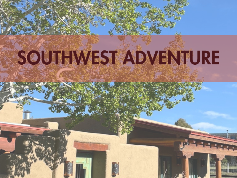 Southwest-style building with tree and 'SOUTHWEST ADVENTURE' text overlay.