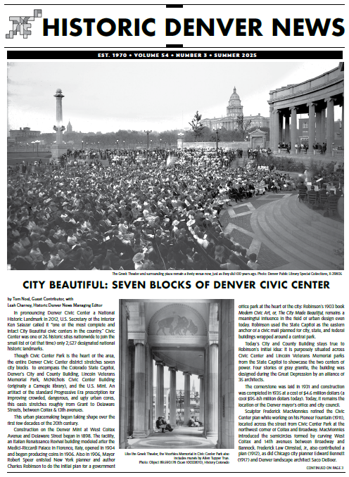 Black and white newsletter featuring a large crowd at Denver Civic Center with text about city landmarks.