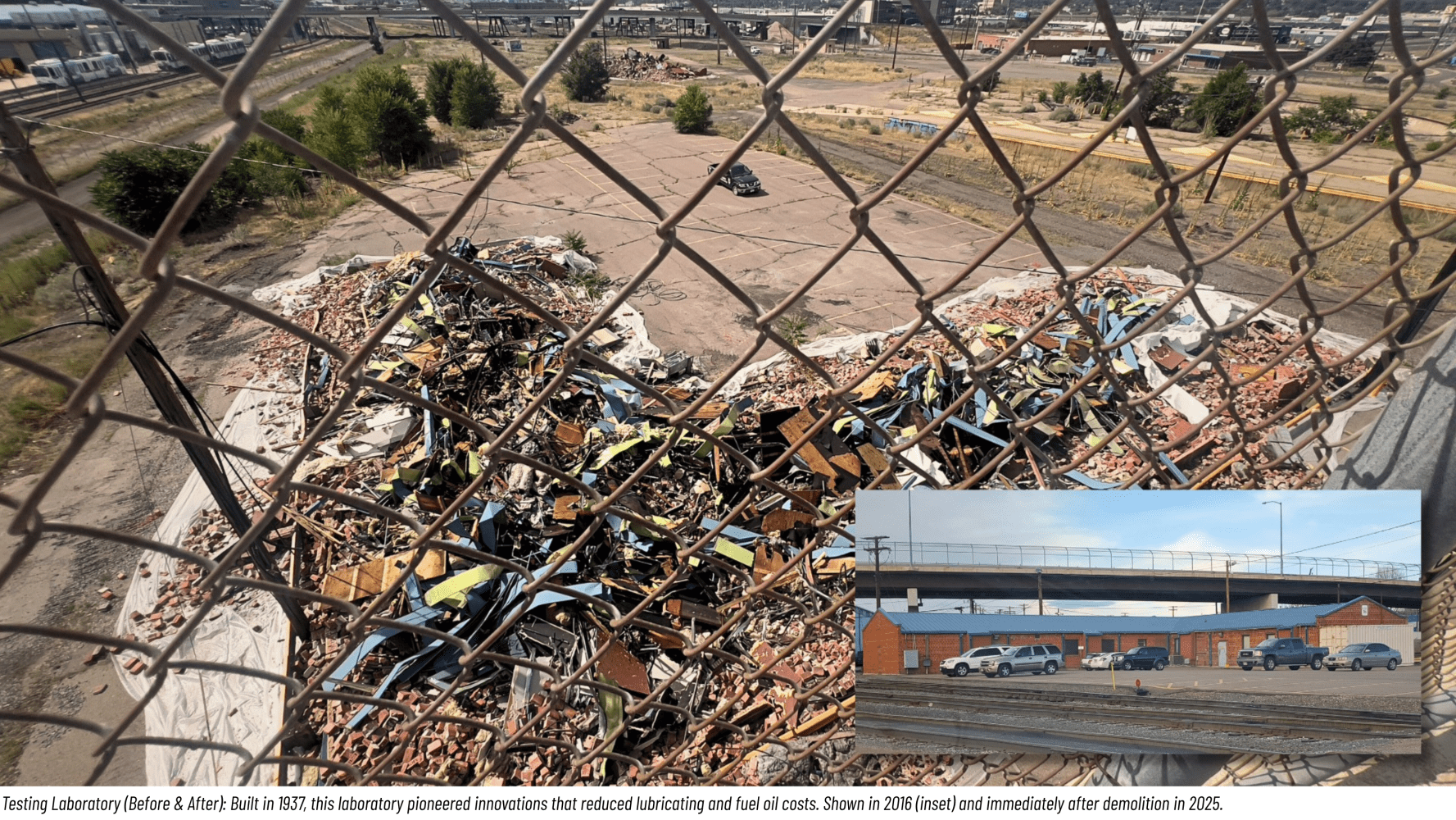 Industrial debris behind a chain-link fence, with inset showing industrial area and cars.