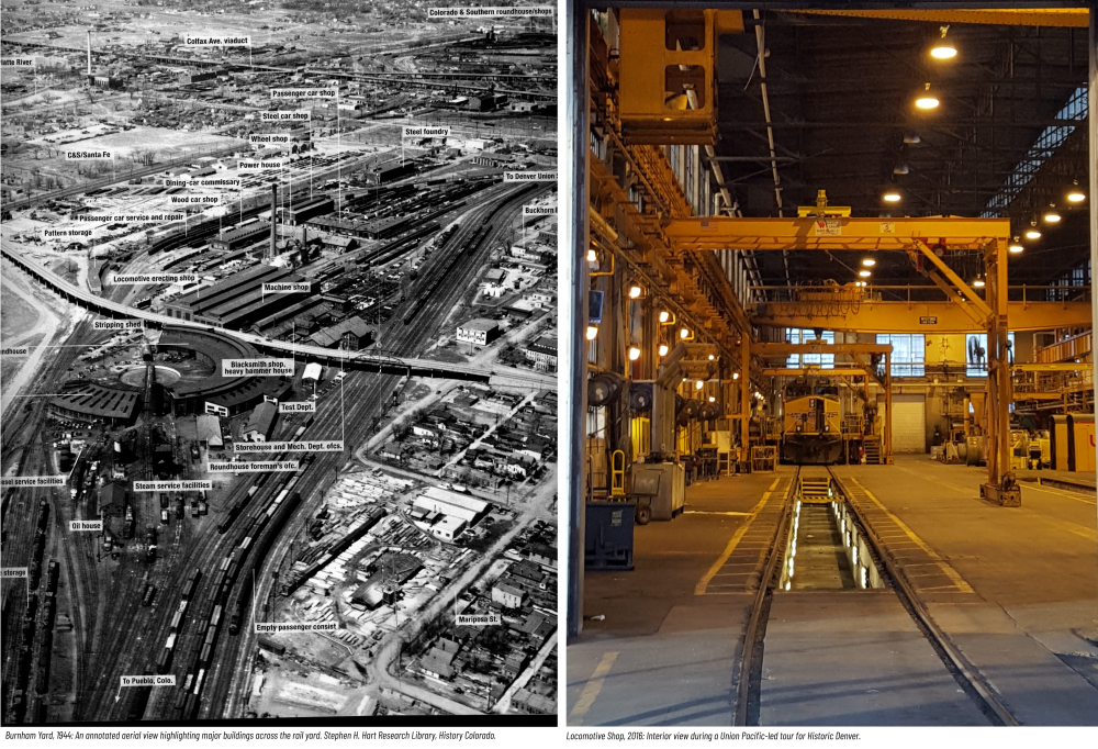 Black-and-white aerial view of train yard; color photo of indoor locomotive workshop.