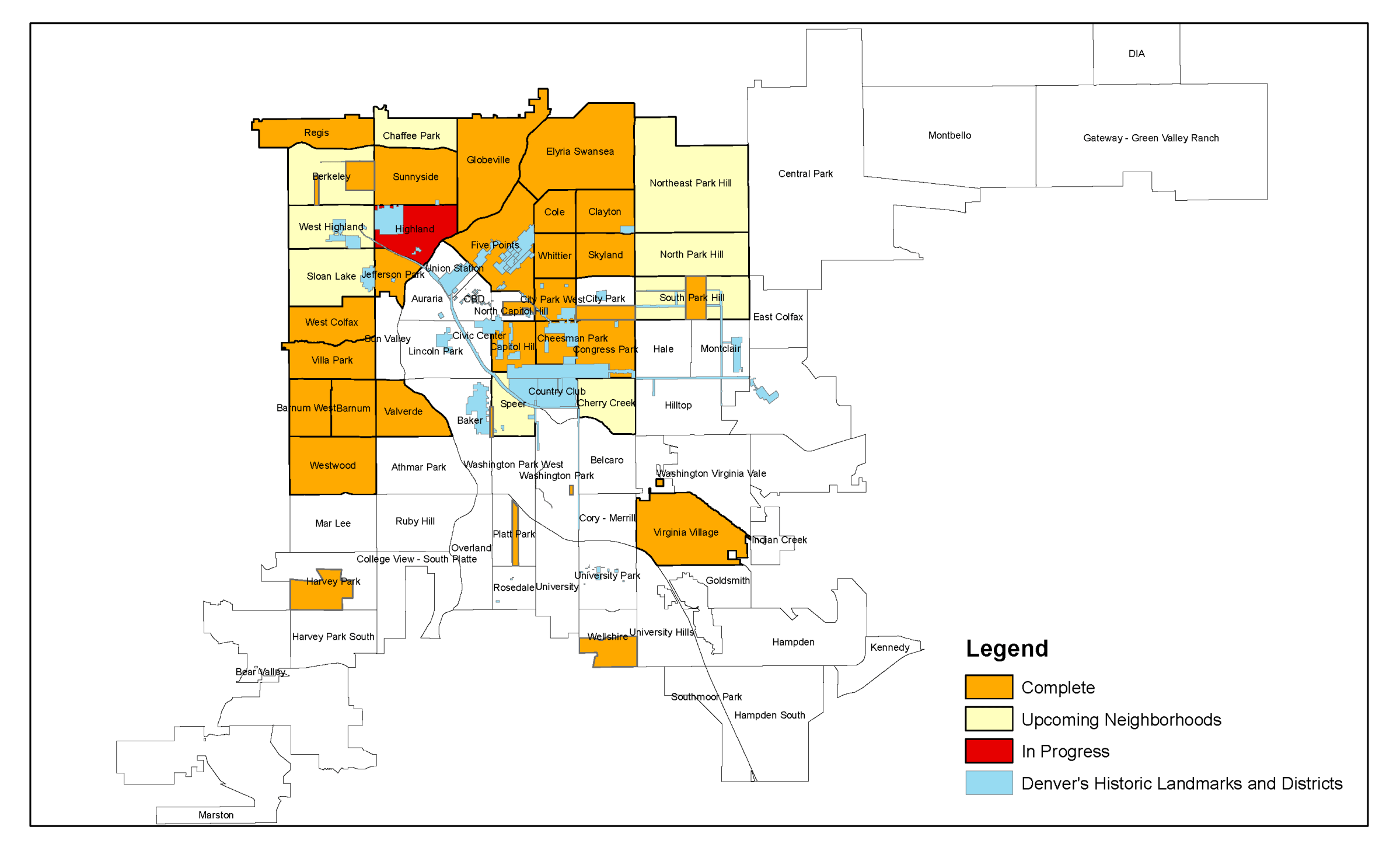 Map of Denver neighborhoods with color-coded by which neighborhoods Discover Denver has surveyed and will survey next.