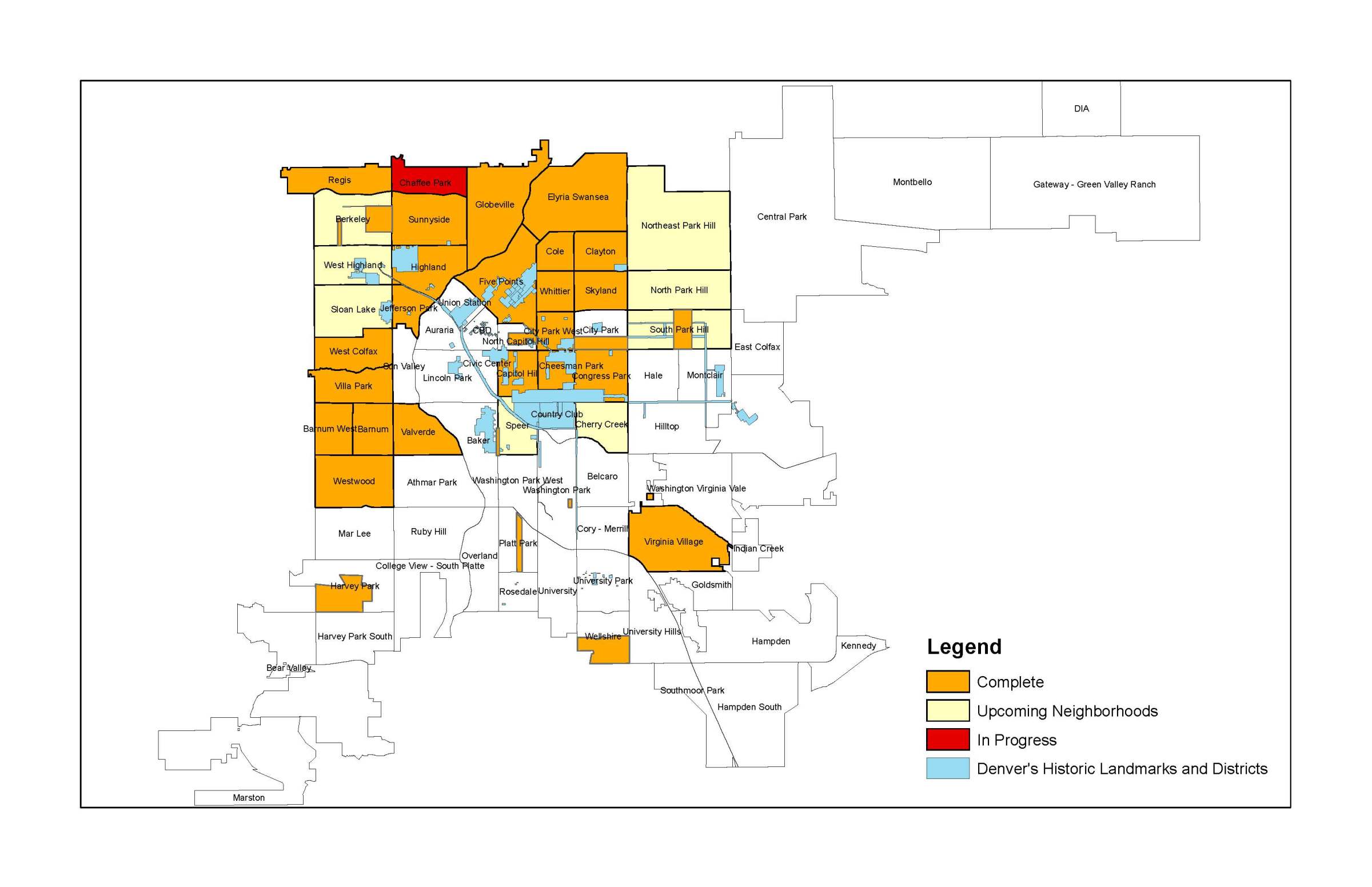 Map showing neighborhood progress in Denver with color-coded areas and legend.