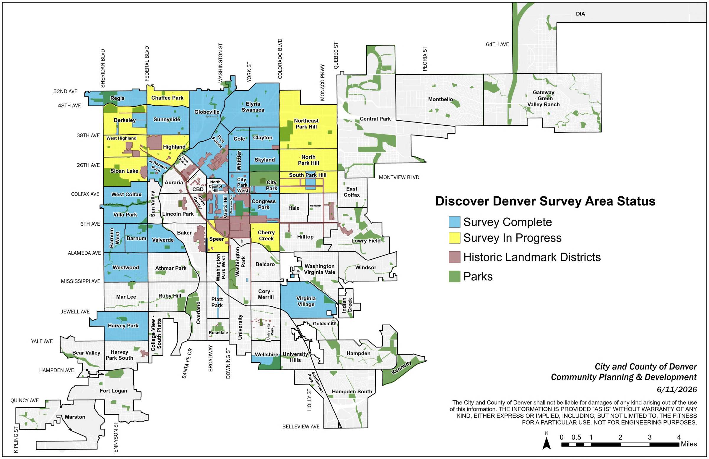 Map of Denver showing survey status and historic districts, color-coded by area.