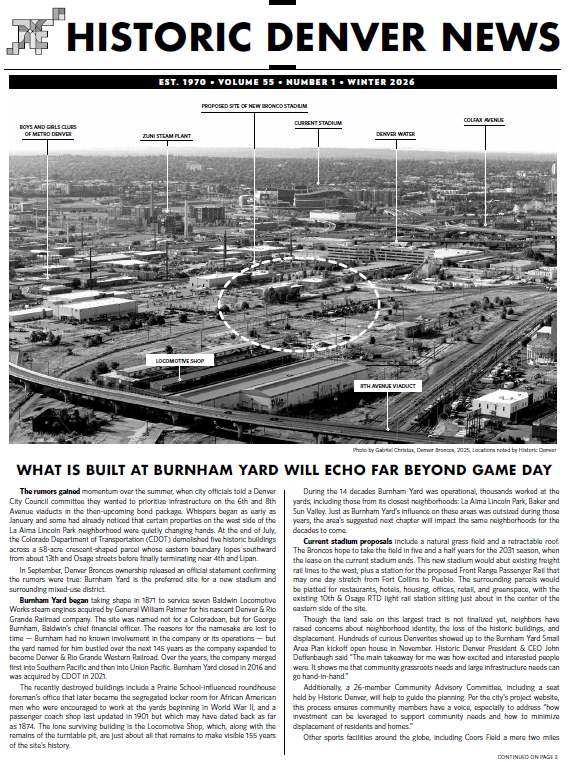 Front page of a newspaper with an aerial photo of Burnham Yard redevelopment in Denver.