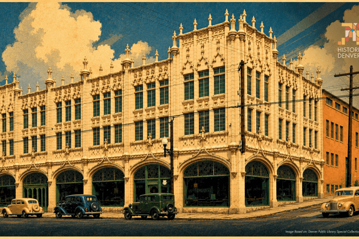 Vintage photo of a historic building with ornate facade and classic cars parked in front.