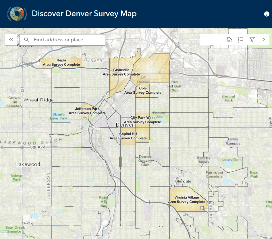 Map of Denver with highlighted survey areas in various neighborhoods.