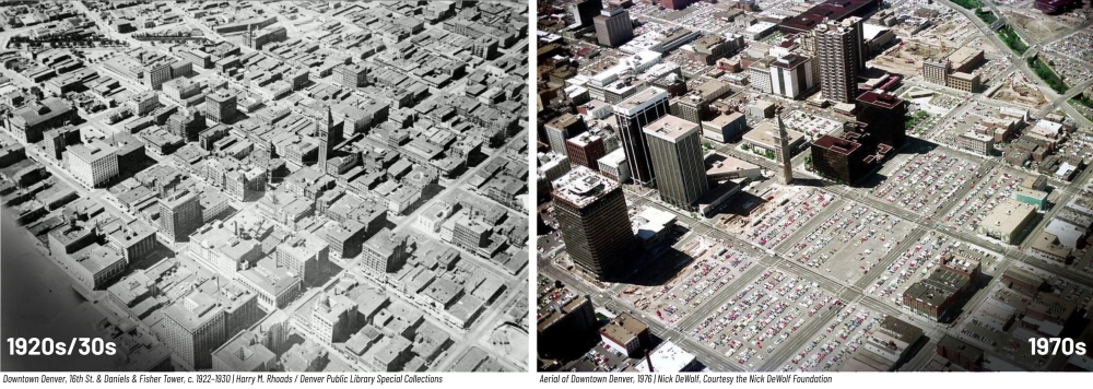Side-by-side aerial views of Denver: left 1920s/30s, right 1970s, showing city development.