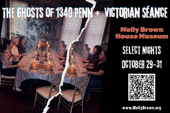 People at a séance table with candles and smoke, promoting 'The Ghosts of 1340 Penn' event.