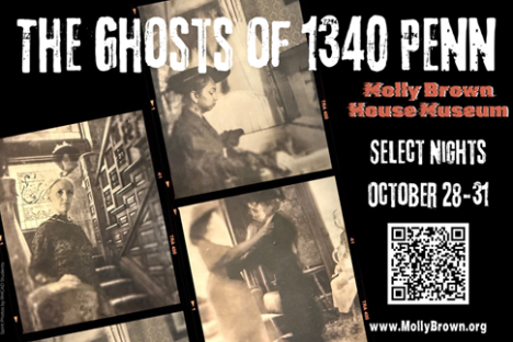 Vintage-style poster for 'The Ghosts of 1340 Penn' event, featuring photos and dates: Oct 28-31.